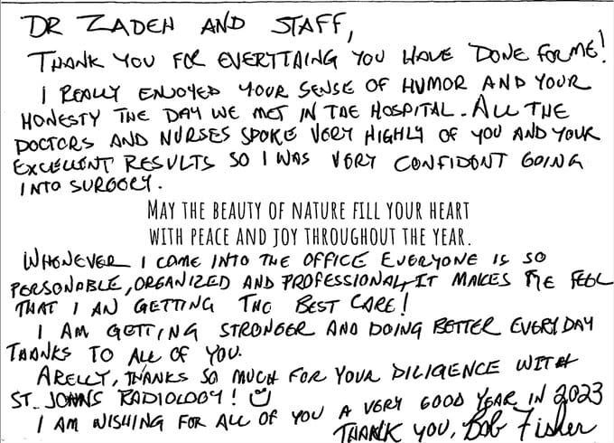 A handwritten note from the staff of a medical facility.